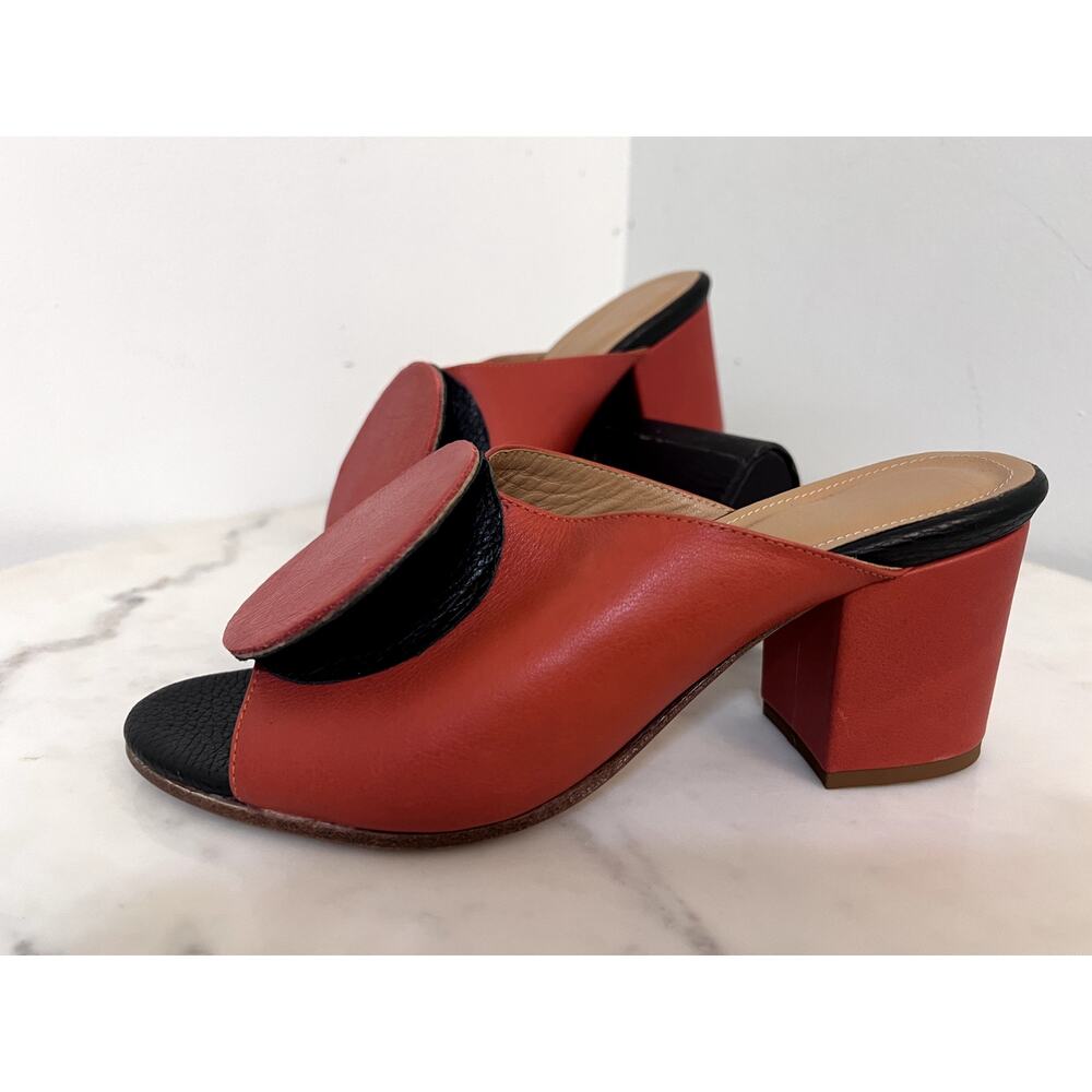 NEW The Palatines Salio Red Orange Black Leather Block Heel Mules Sz 7/6.5